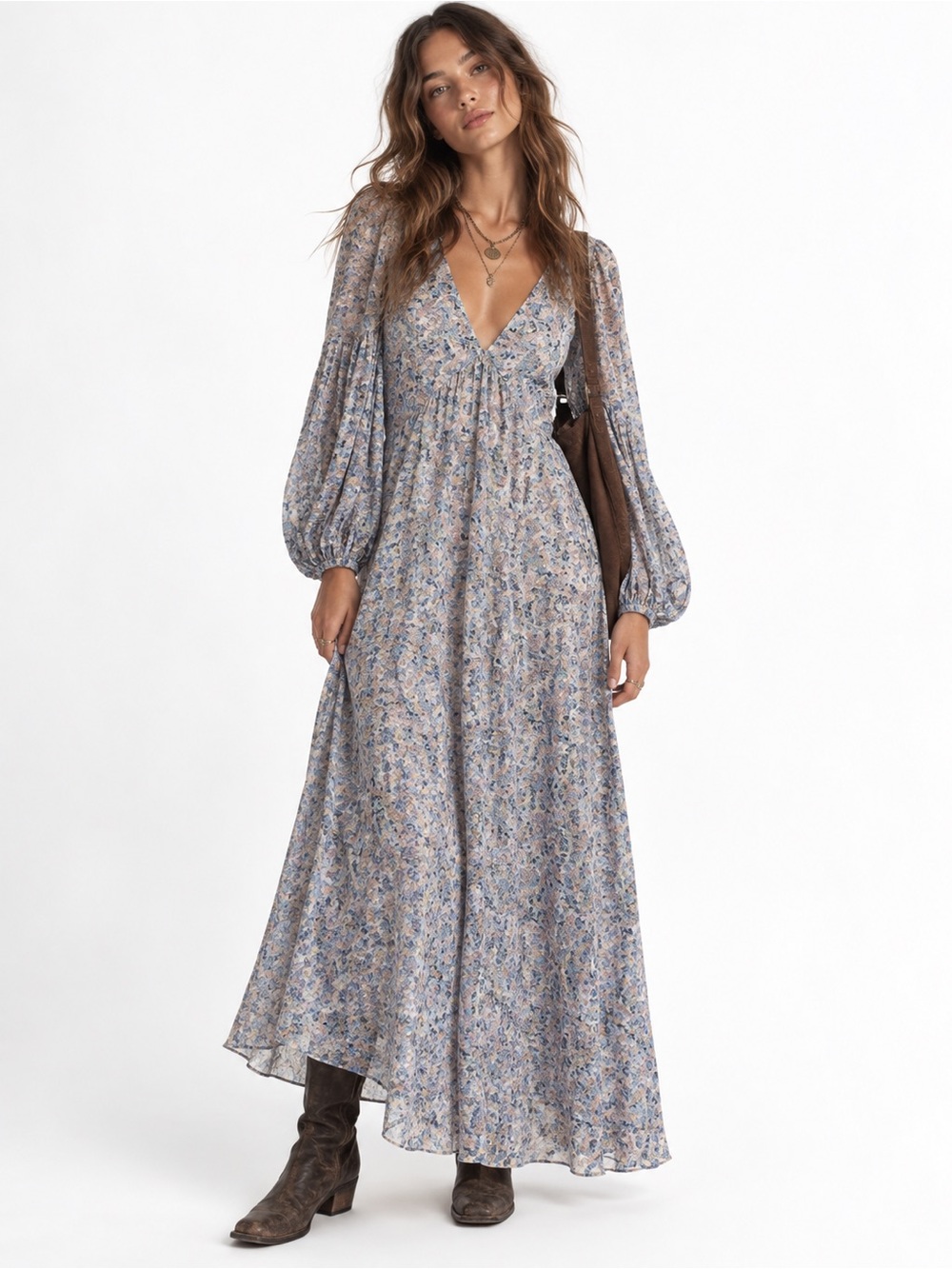 Lulus Garden Paths Floral Puff Sleeve Maxi Dress hippie Gypsy babydoll prairie S